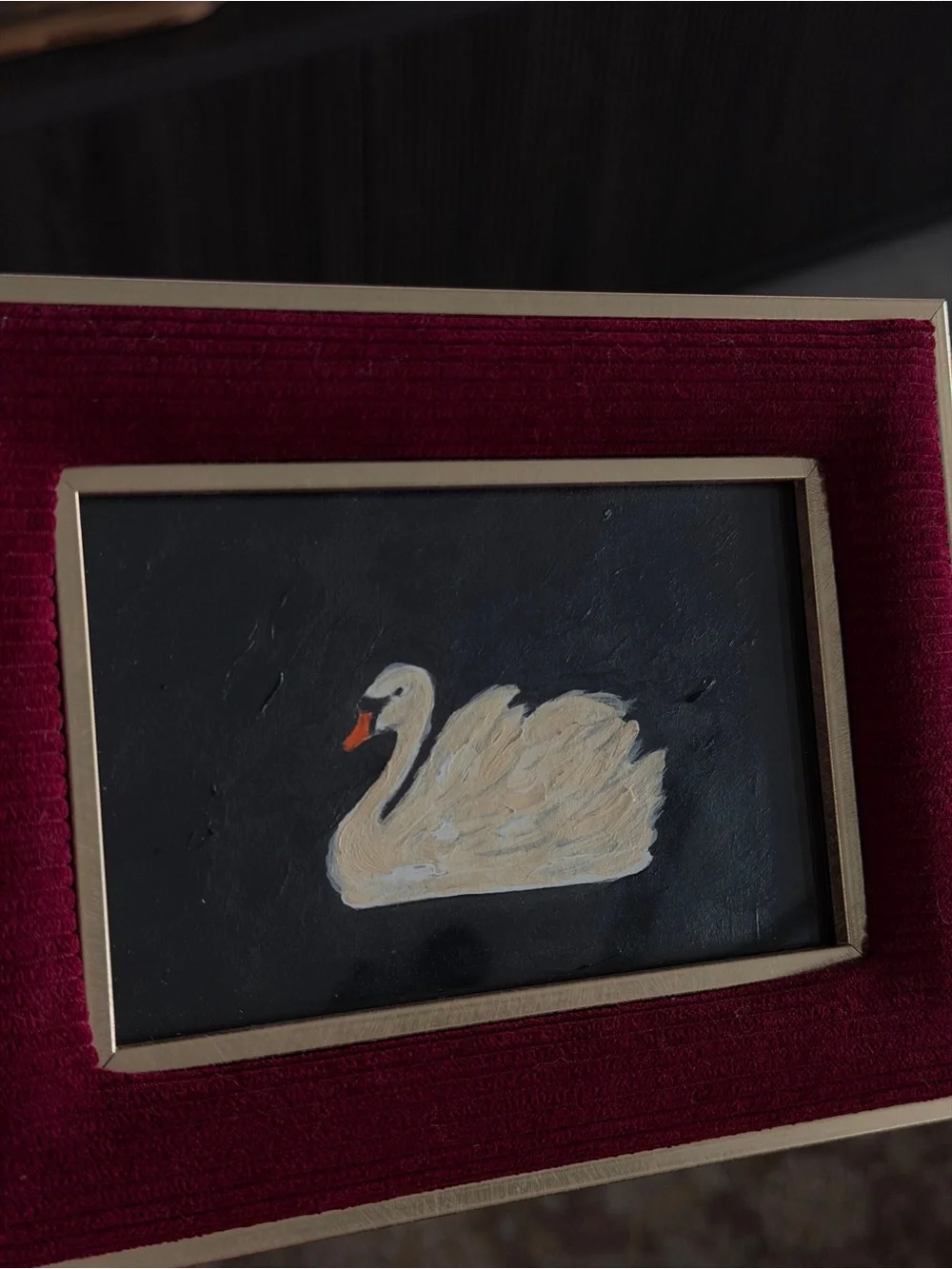 Swan Painting/ artwork in Burgundy Velvet Frame and Gold  - accent - Unbranded